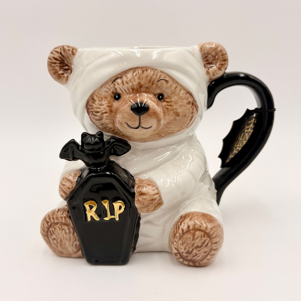 Haunted Halloween Mummy Teddy Bear Figural Mug 24oz RIP Coffin Bat Ceramic